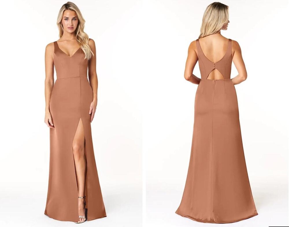 Azazie Dress Women's 4 Rust V Neck Satin Formal Bridesmaid Gown Open Back Slit
